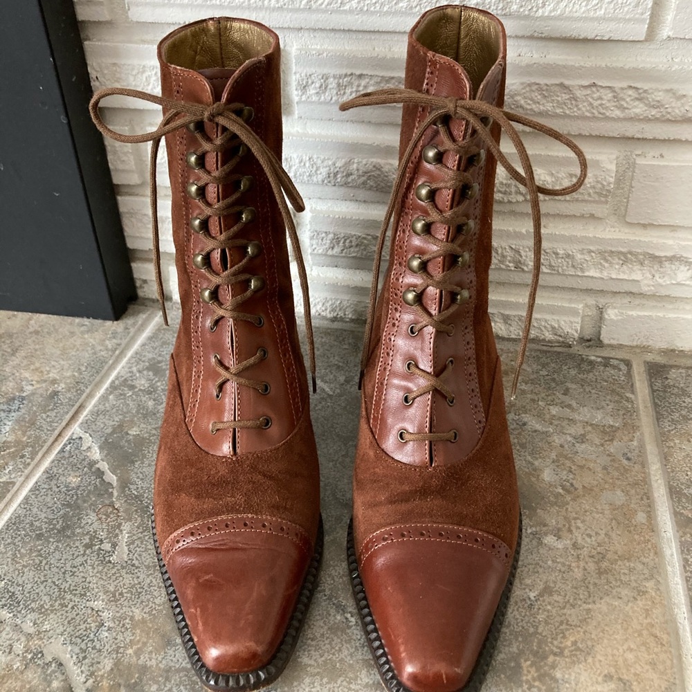 Grazia Italian Suede Leather Lace Up Ankle Boots in Cognac Spectator Design 7.5